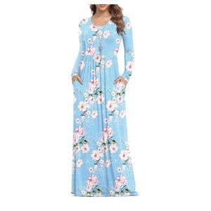 Dearcase Long sleeve Floral Light blue Maxi dress with pockets Small NWT Rayon